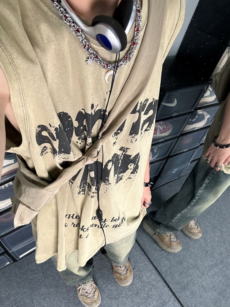 Old skull print sleeveless T-shirt  OR0982