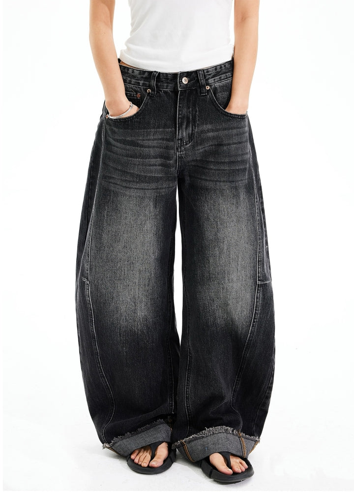 Wide balloon leg silhouette dull wash denim pants  OR0985