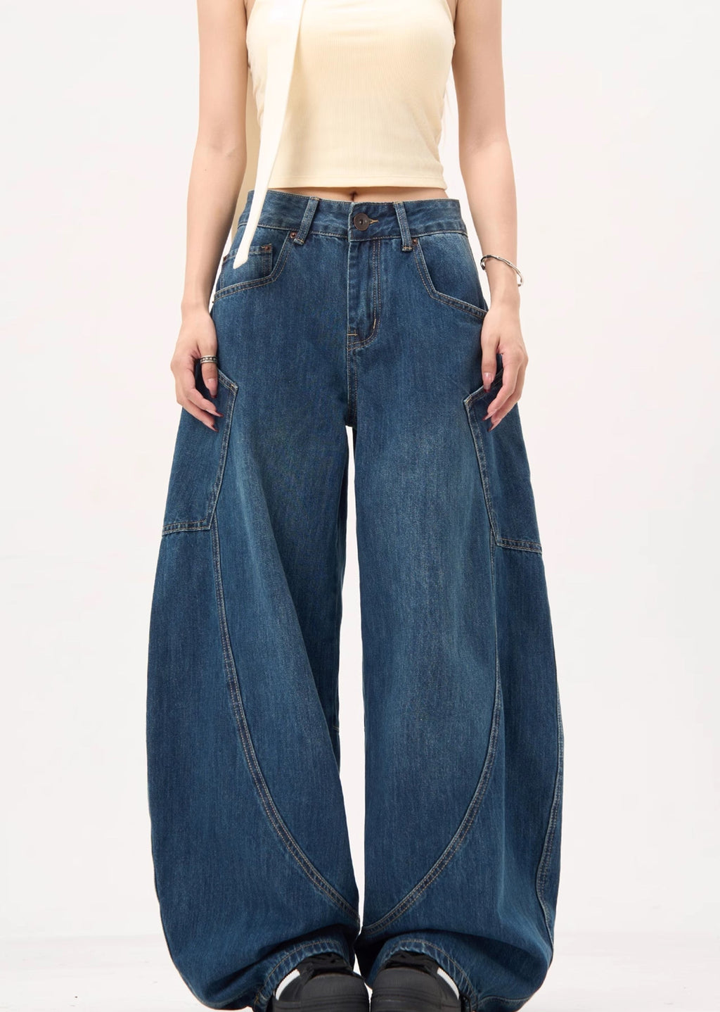 Balloon wide silhouette basic color denim pants  OR0991