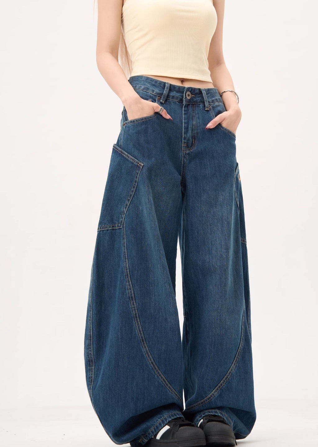 Balloon wide silhouette basic color denim pants  OR0991