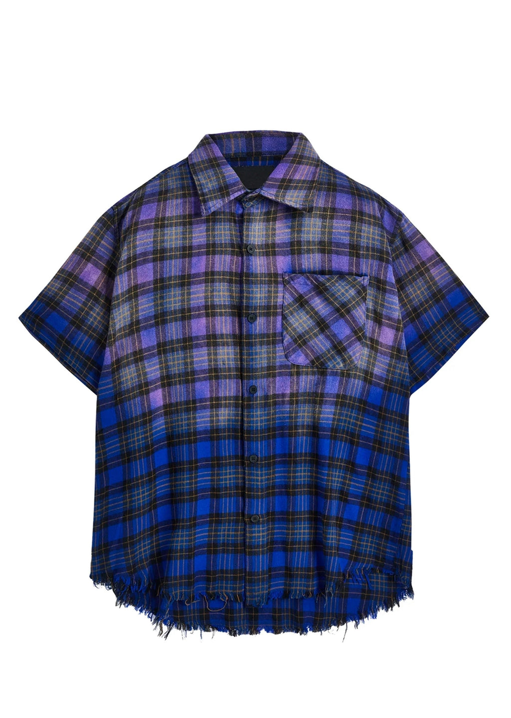 Gradient purple color plaid design distressed short sleeve shirt  OR0992