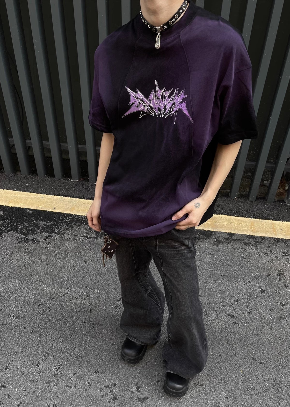 Dull washed dark colored subculture short sleeve T-shirt  OR0993