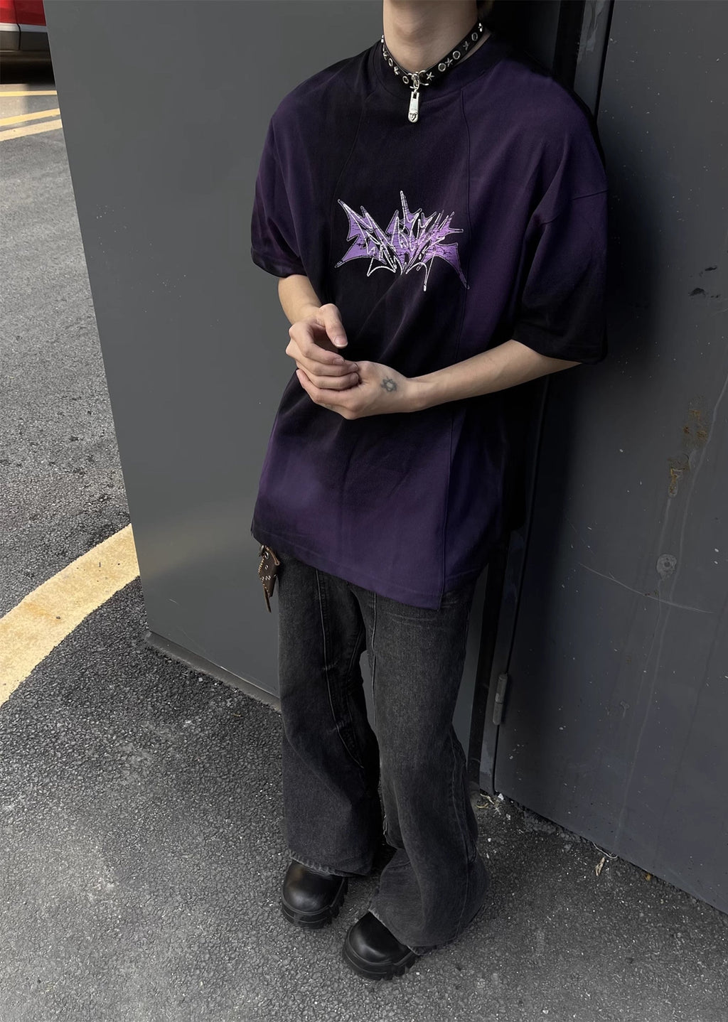 Dull washed dark colored subculture short sleeve T-shirt  OR0993