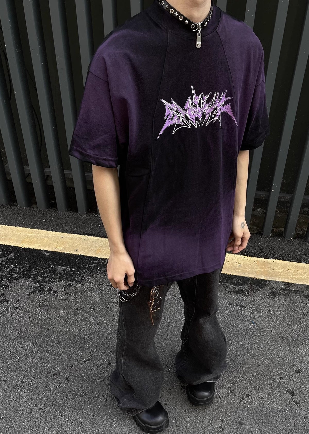 Dull washed dark colored subculture short sleeve T-shirt  OR0993