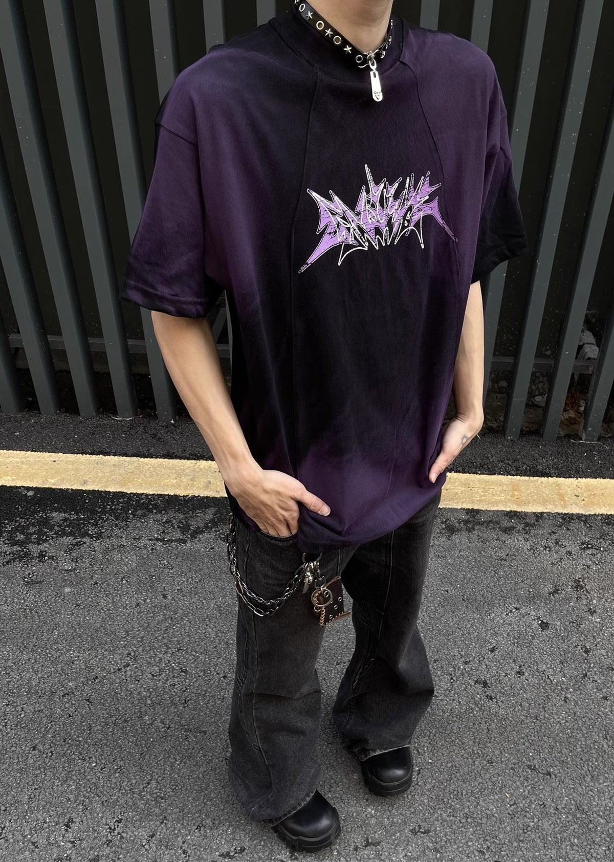 Dull washed dark colored subculture short sleeve T-shirt  OR0993