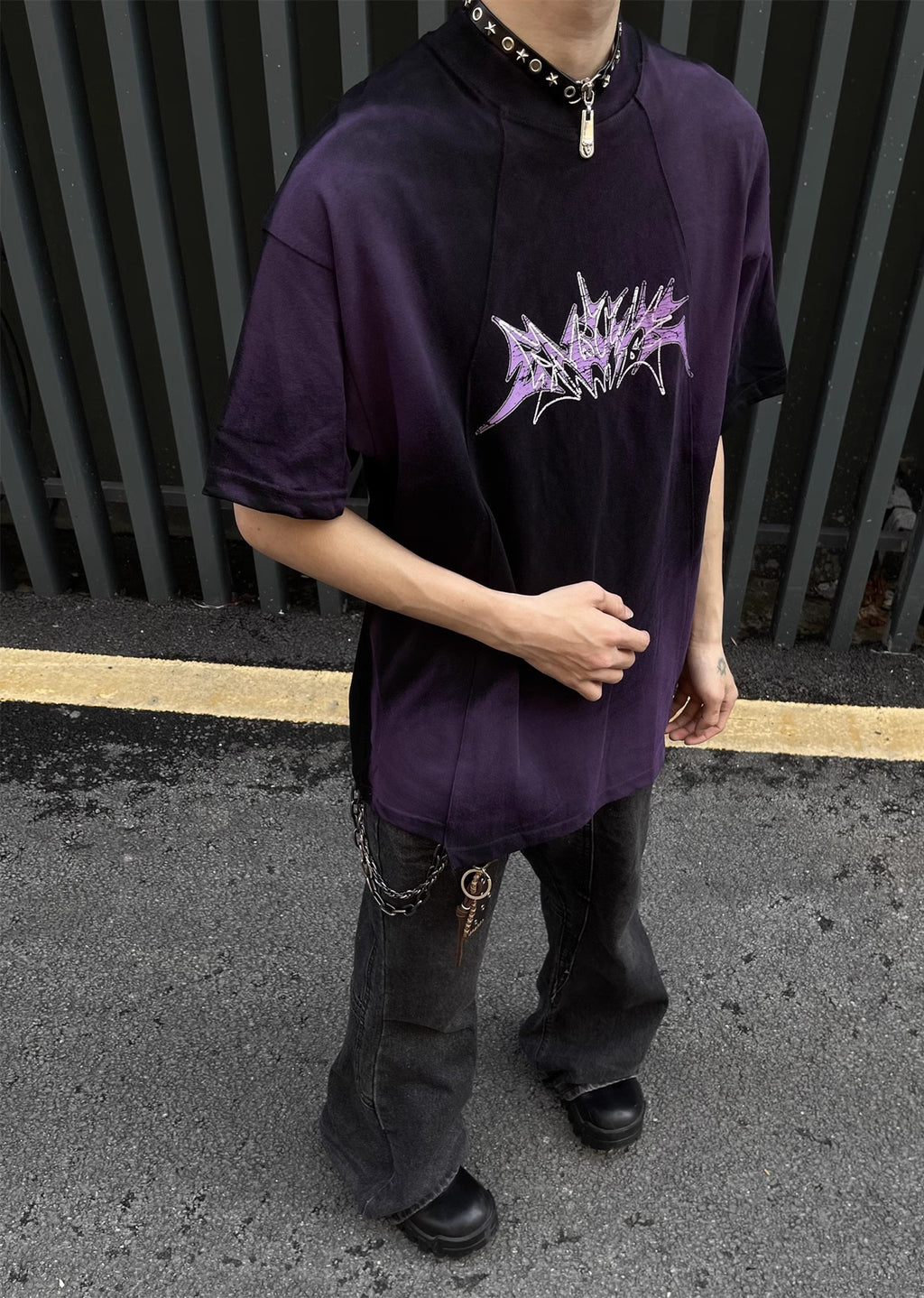 Dull washed dark colored subculture short sleeve T-shirt  OR0993