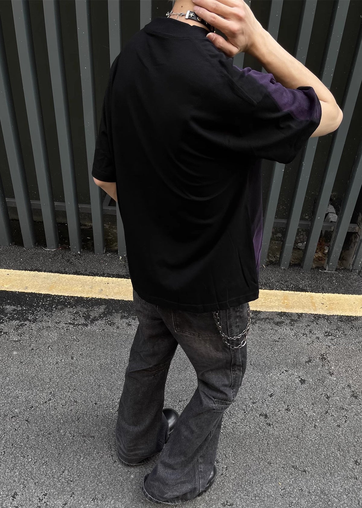 Dull washed dark colored subculture short sleeve T-shirt  OR0993