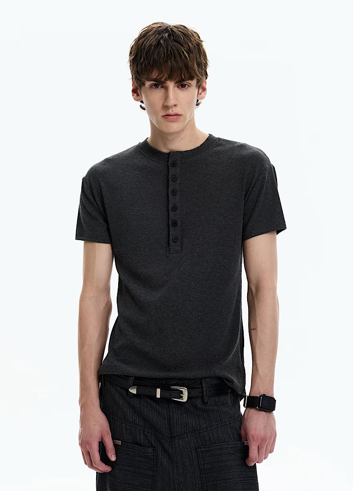 Smart fitted silhouette Henley neck simple short-sleeved T-shirt  OR1002