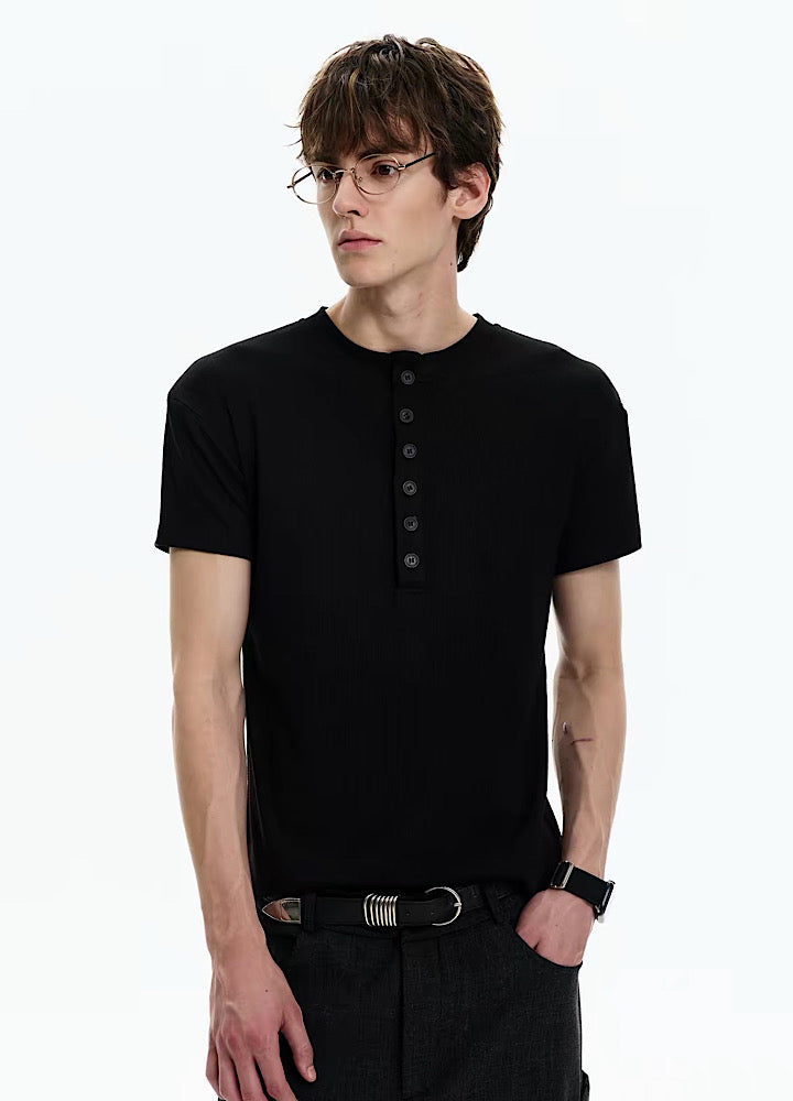 Smart fitted silhouette Henley neck simple short-sleeved T-shirt  OR1002