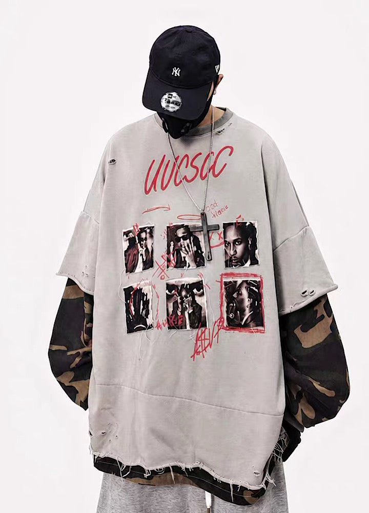 Distressed Photo Collage Oversized Short Sleeve T-shirt  OR1012