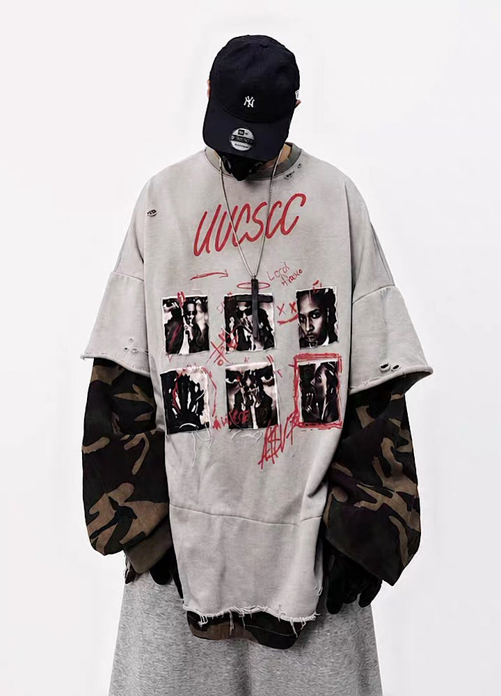 Distressed Photo Collage Oversized Short Sleeve T-shirt  OR1012