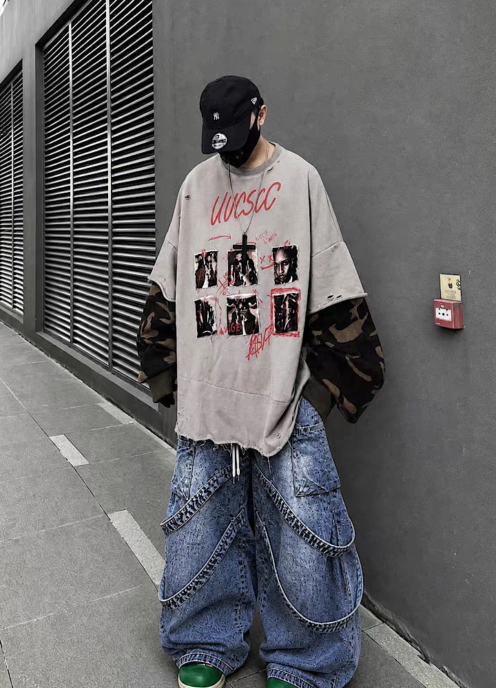 Distressed Photo Collage Oversized Short Sleeve T-shirt  OR1012
