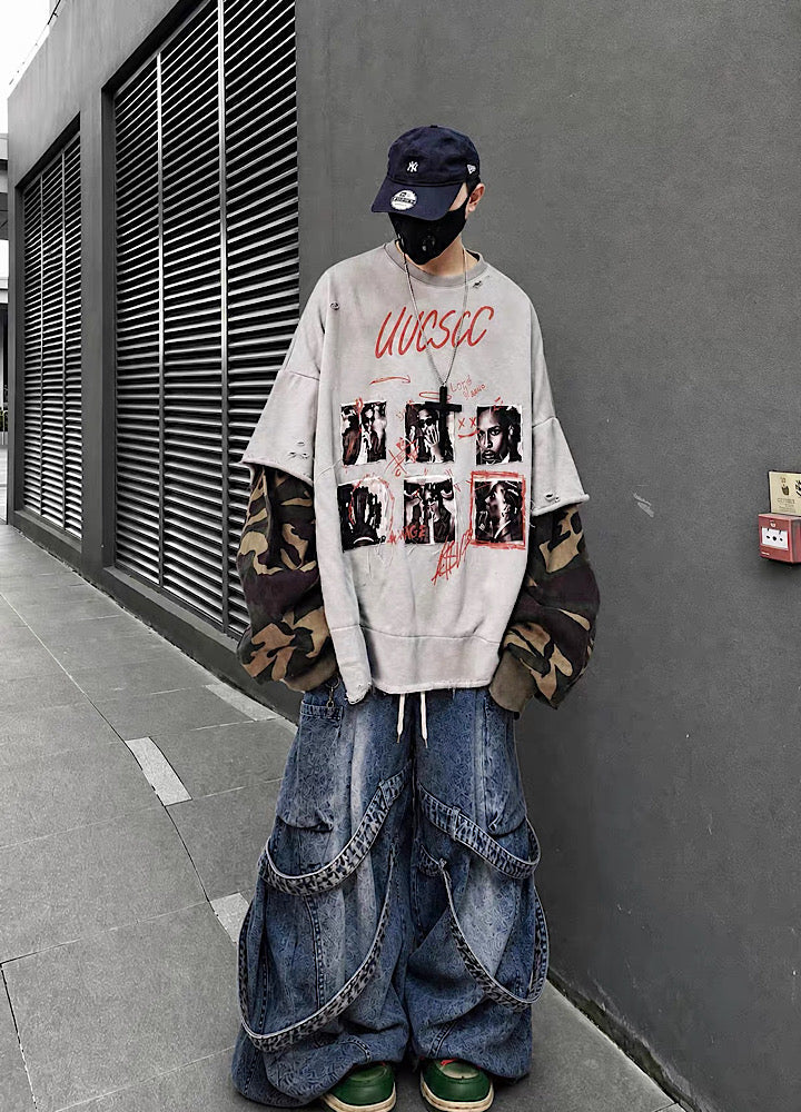 Distressed Photo Collage Oversized Short Sleeve T-shirt  OR1012