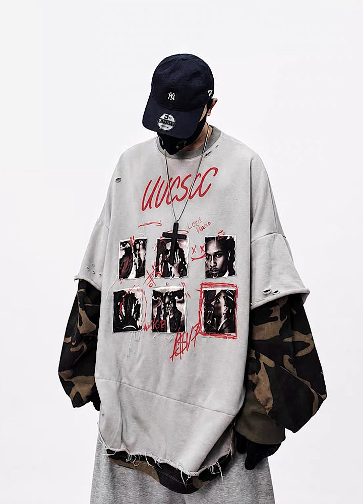 Distressed Photo Collage Oversized Short Sleeve T-shirt  OR1012