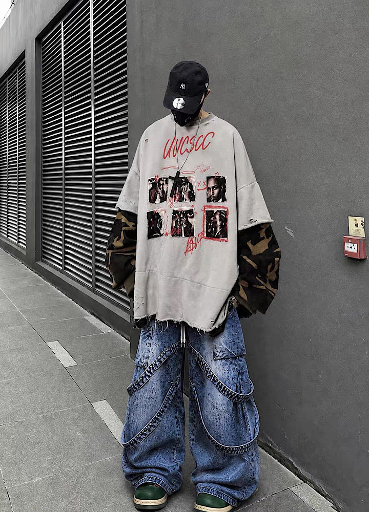 Distressed Photo Collage Oversized Short Sleeve T-shirt  OR1012