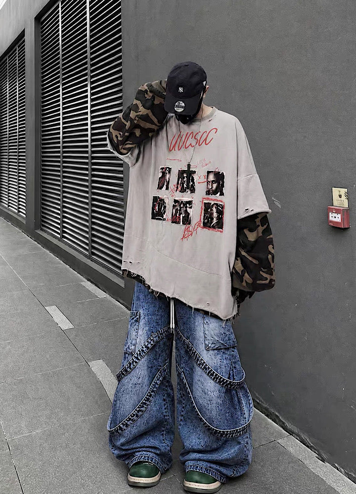 Distressed Photo Collage Oversized Short Sleeve T-shirt  OR1012