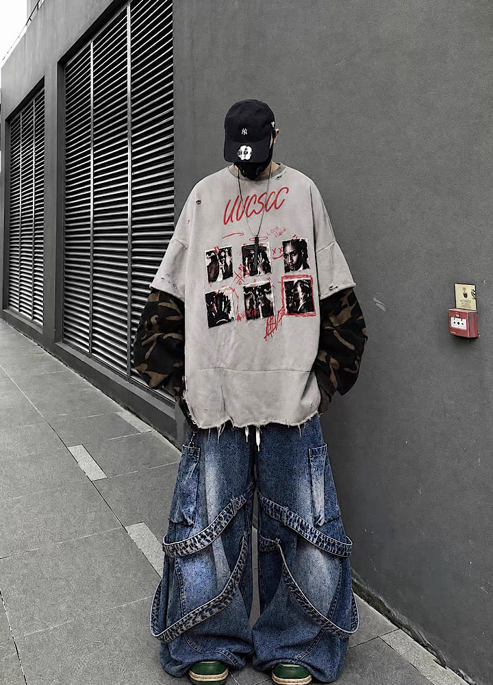 Distressed Photo Collage Oversized Short Sleeve T-shirt  OR1012
