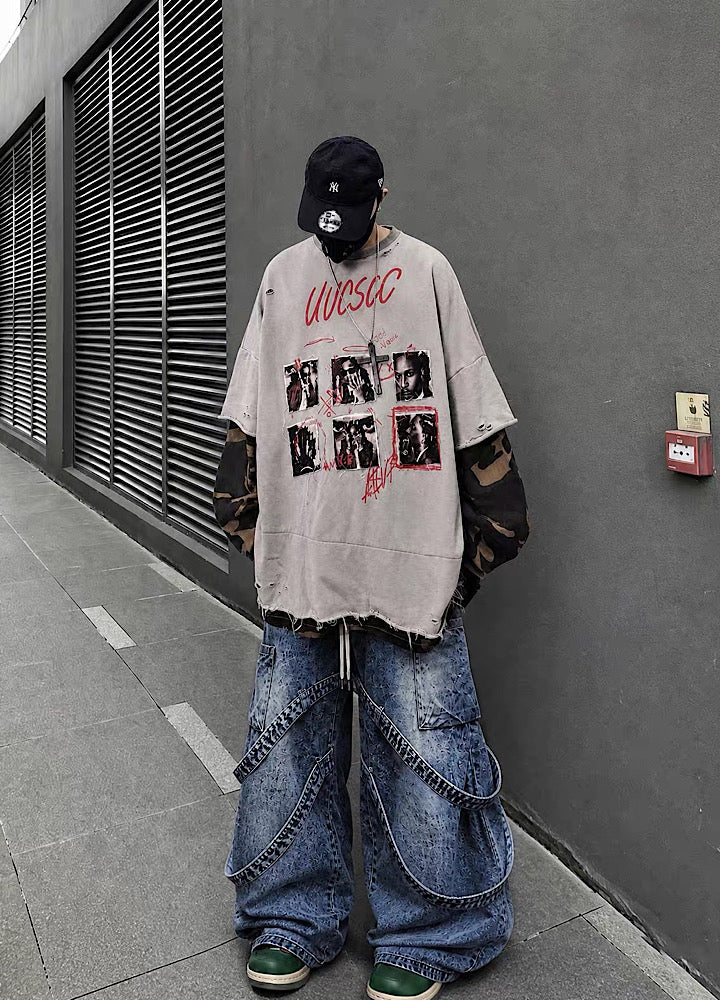 Distressed Photo Collage Oversized Short Sleeve T-shirt  OR1012