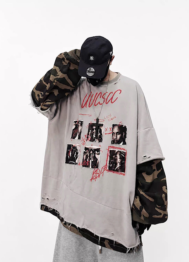 Distressed Photo Collage Oversized Short Sleeve T-shirt  OR1012