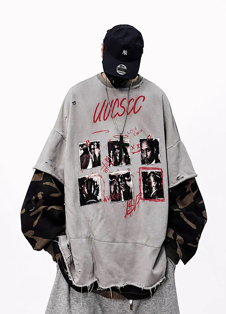 Distressed Photo Collage Oversized Short Sleeve T-shirt  OR1012
