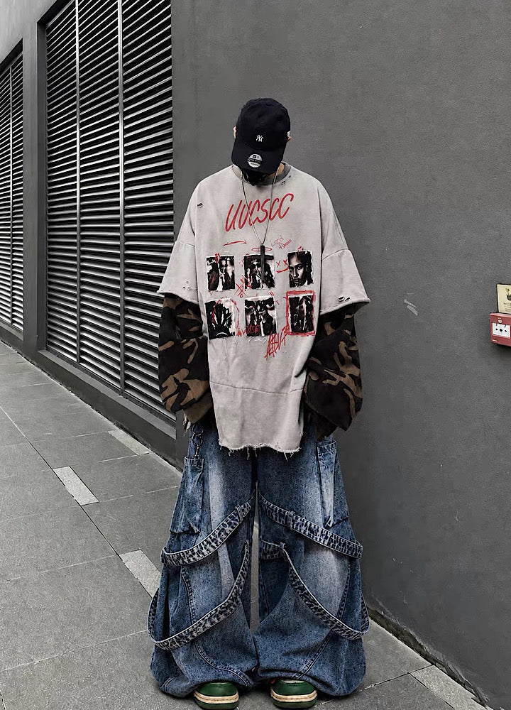 Distressed Photo Collage Oversized Short Sleeve T-shirt  OR1012