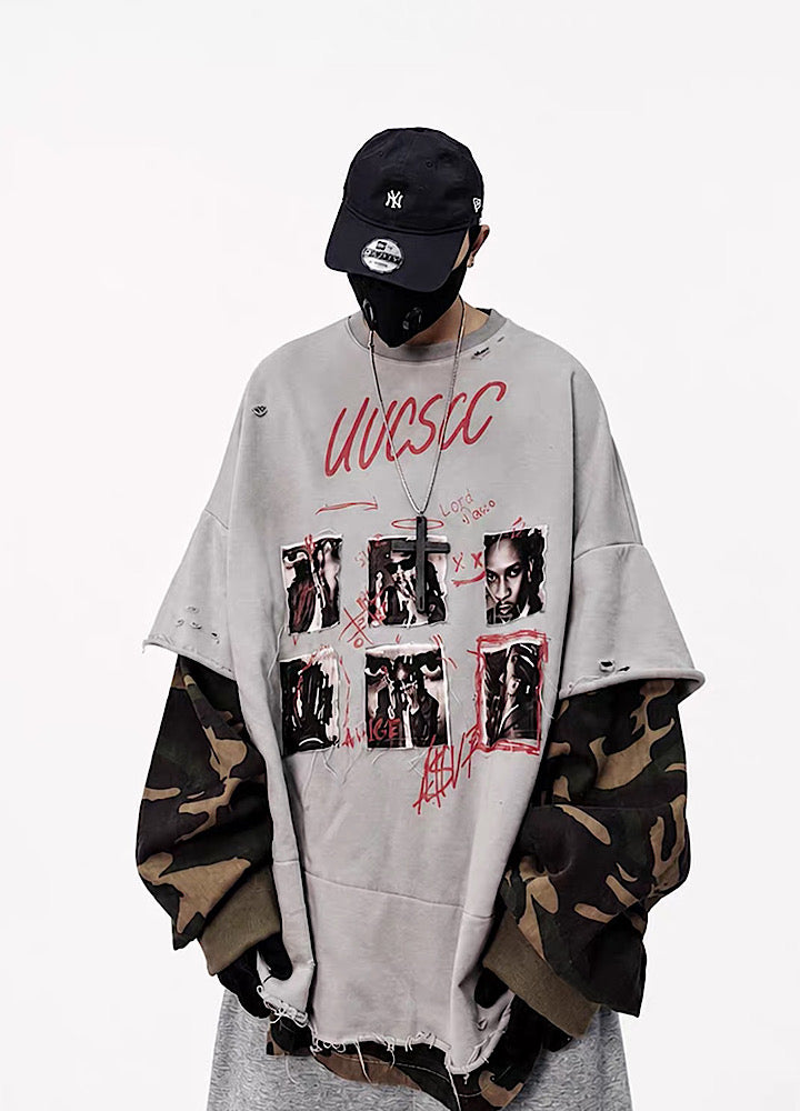 Distressed Photo Collage Oversized Short Sleeve T-shirt  OR1012