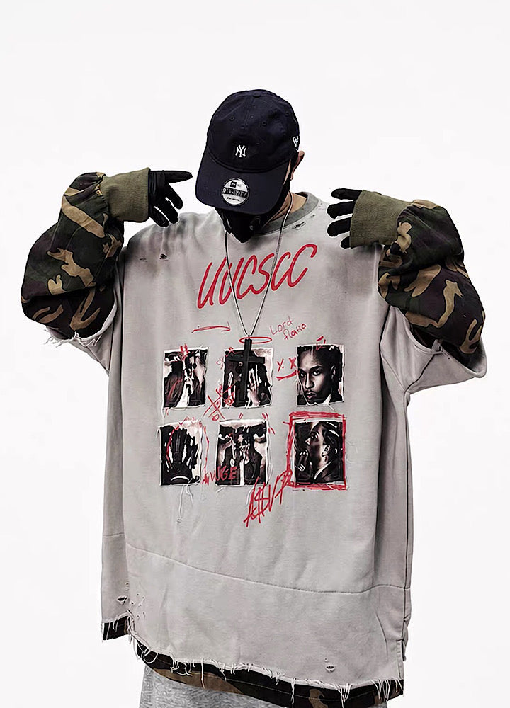 Distressed Photo Collage Oversized Short Sleeve T-shirt  OR1012