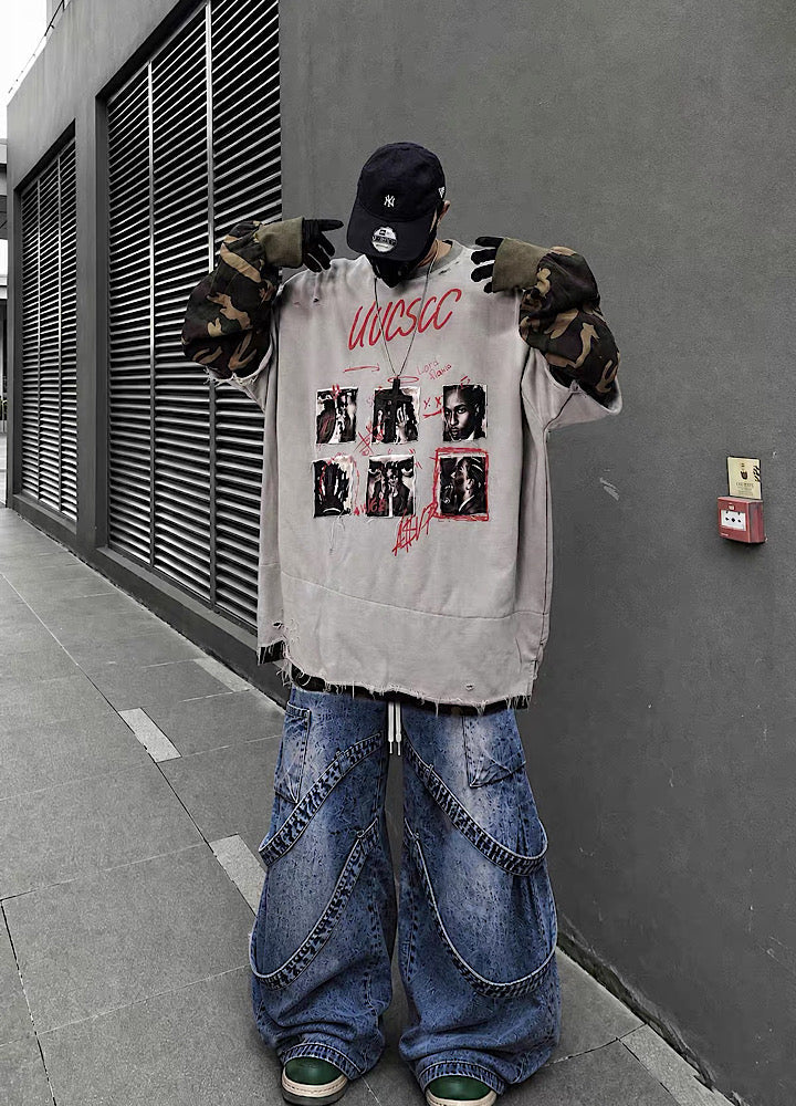 Distressed Photo Collage Oversized Short Sleeve T-shirt  OR1012