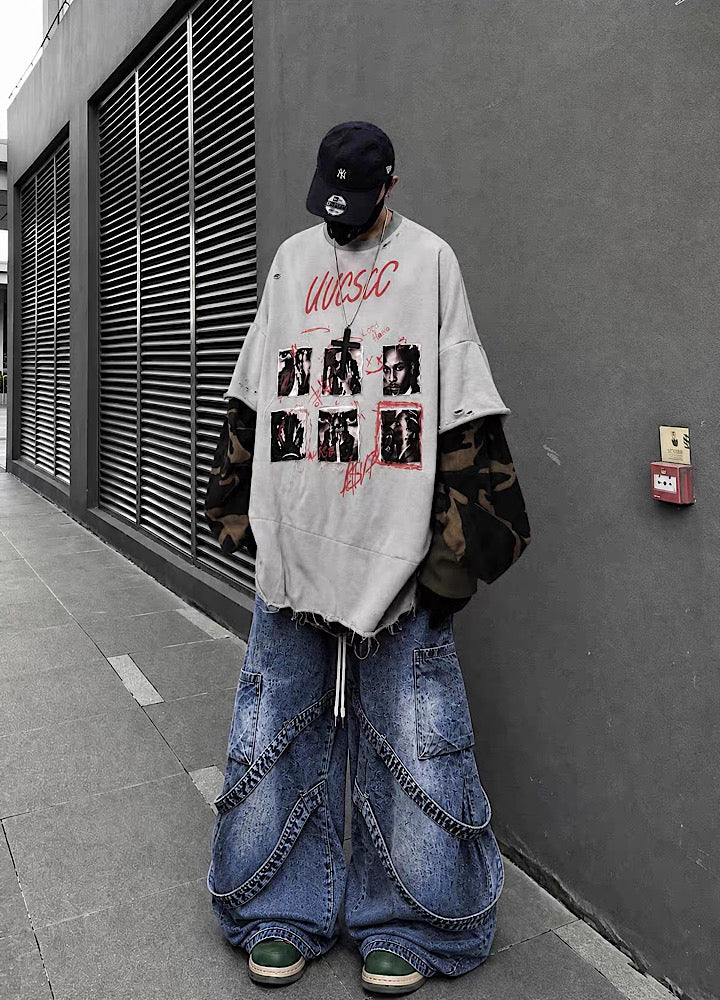 Distressed Photo Collage Oversized Short Sleeve T-shirt  OR1012