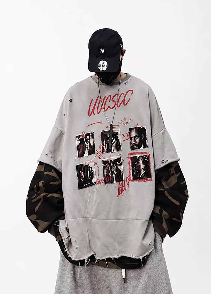 Distressed Photo Collage Oversized Short Sleeve T-shirt  OR1012