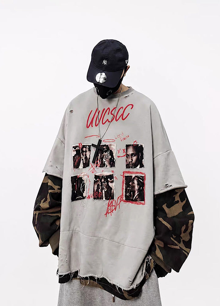Distressed Photo Collage Oversized Short Sleeve T-shirt  OR1012