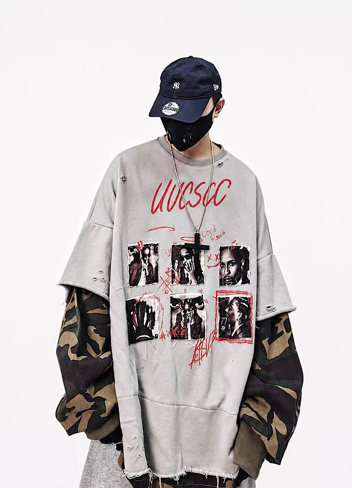 Distressed Photo Collage Oversized Short Sleeve T-shirt  OR1012
