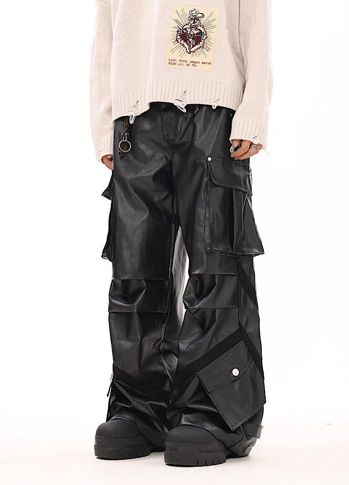 Multi-over pocket design break leather cargo pants  OR1014