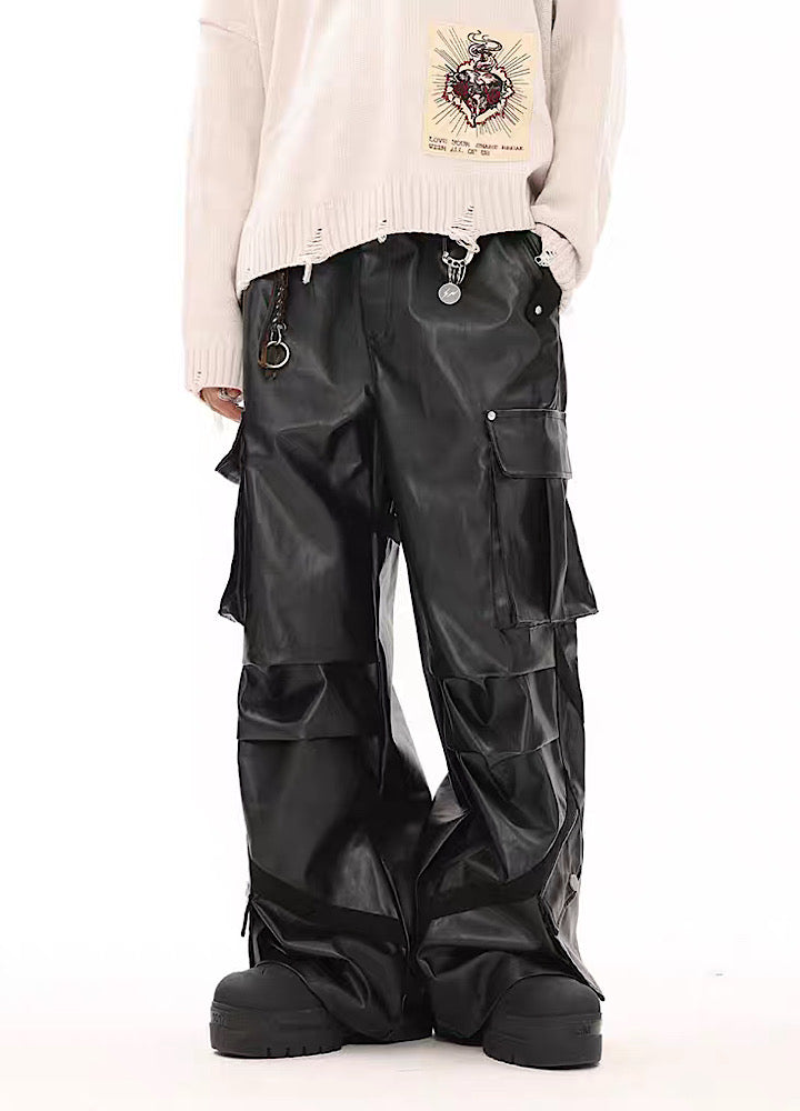 Multi-over pocket design break leather cargo pants  OR1014