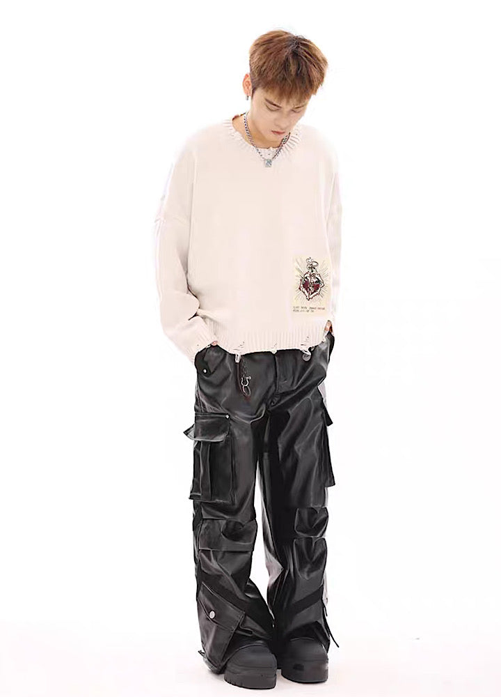 Multi-over pocket design break leather cargo pants  OR1014