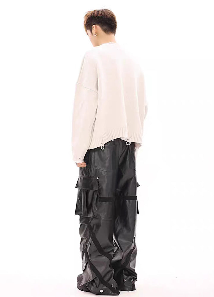 Multi-over pocket design break leather cargo pants  OR1014