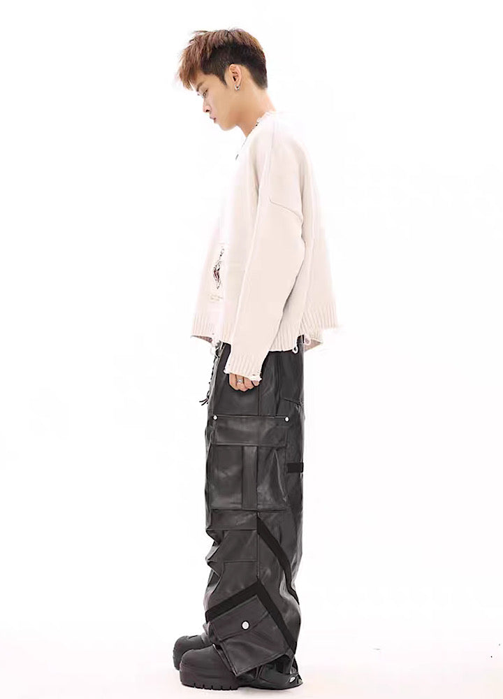 Multi-over pocket design break leather cargo pants  OR1014