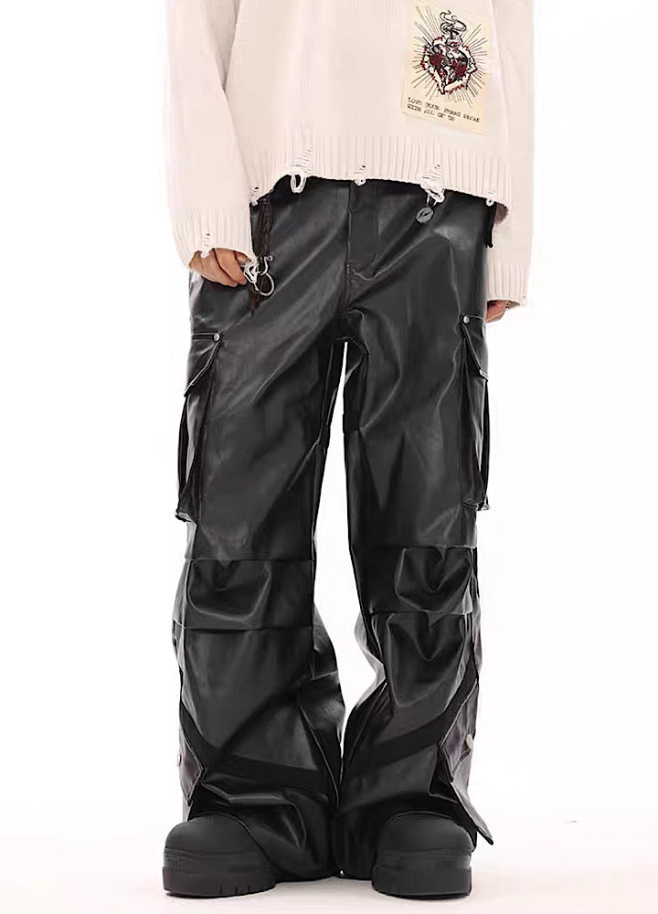 Multi-over pocket design break leather cargo pants  OR1014