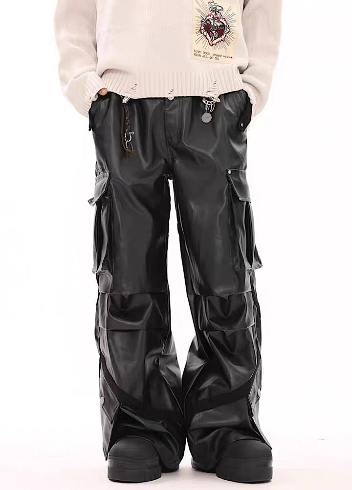 Multi-over pocket design break leather cargo pants  OR1014