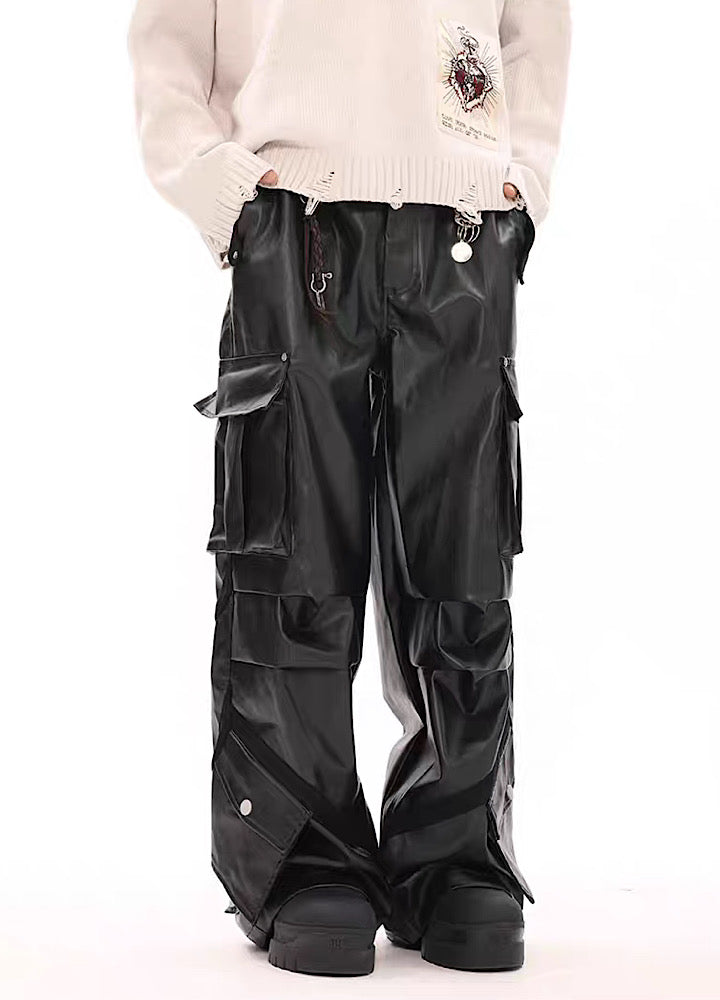 Multi-over pocket design break leather cargo pants  OR1014