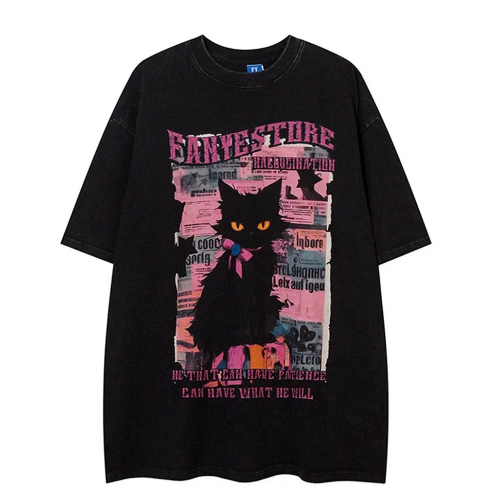 Cute black cat design animal short sleeve T-shirt  OR1015