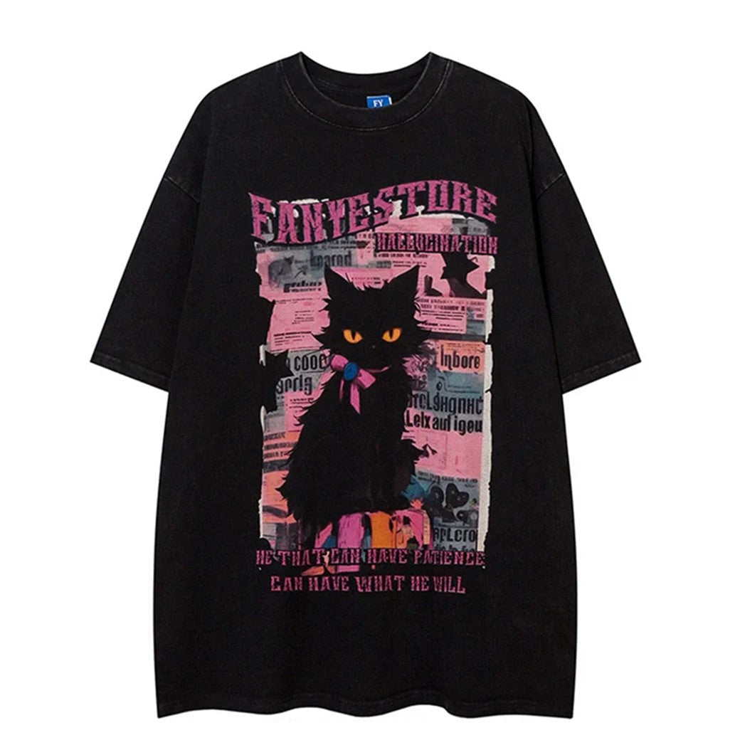 Cute black cat design animal short sleeve T-shirt  OR1015