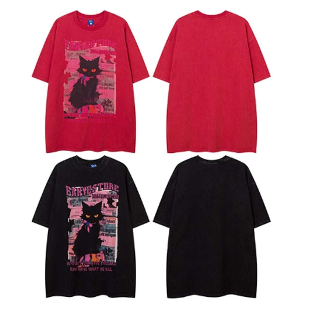 Cute black cat design animal short sleeve T-shirt  OR1015