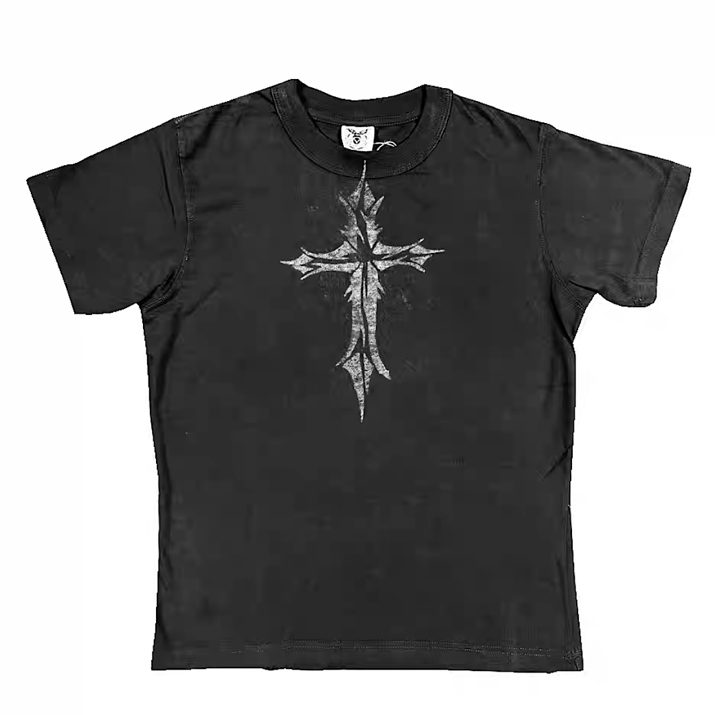 Grunge fade design cross style tight short sleeve T-shirt  OR1021