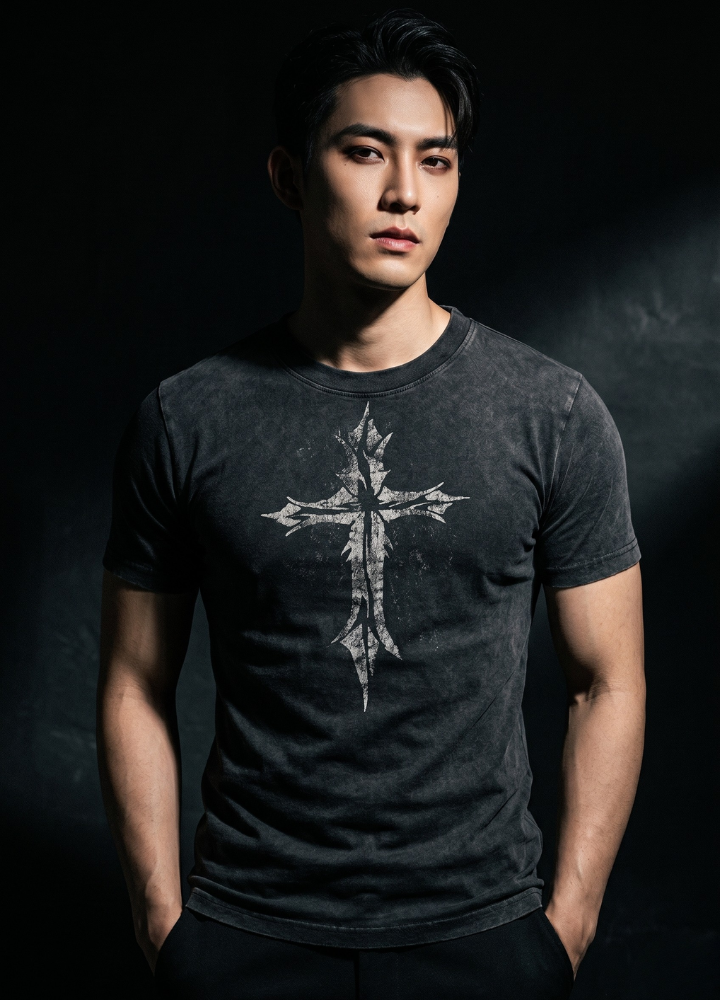 Grunge fade design cross style tight short sleeve T-shirt  OR1021
