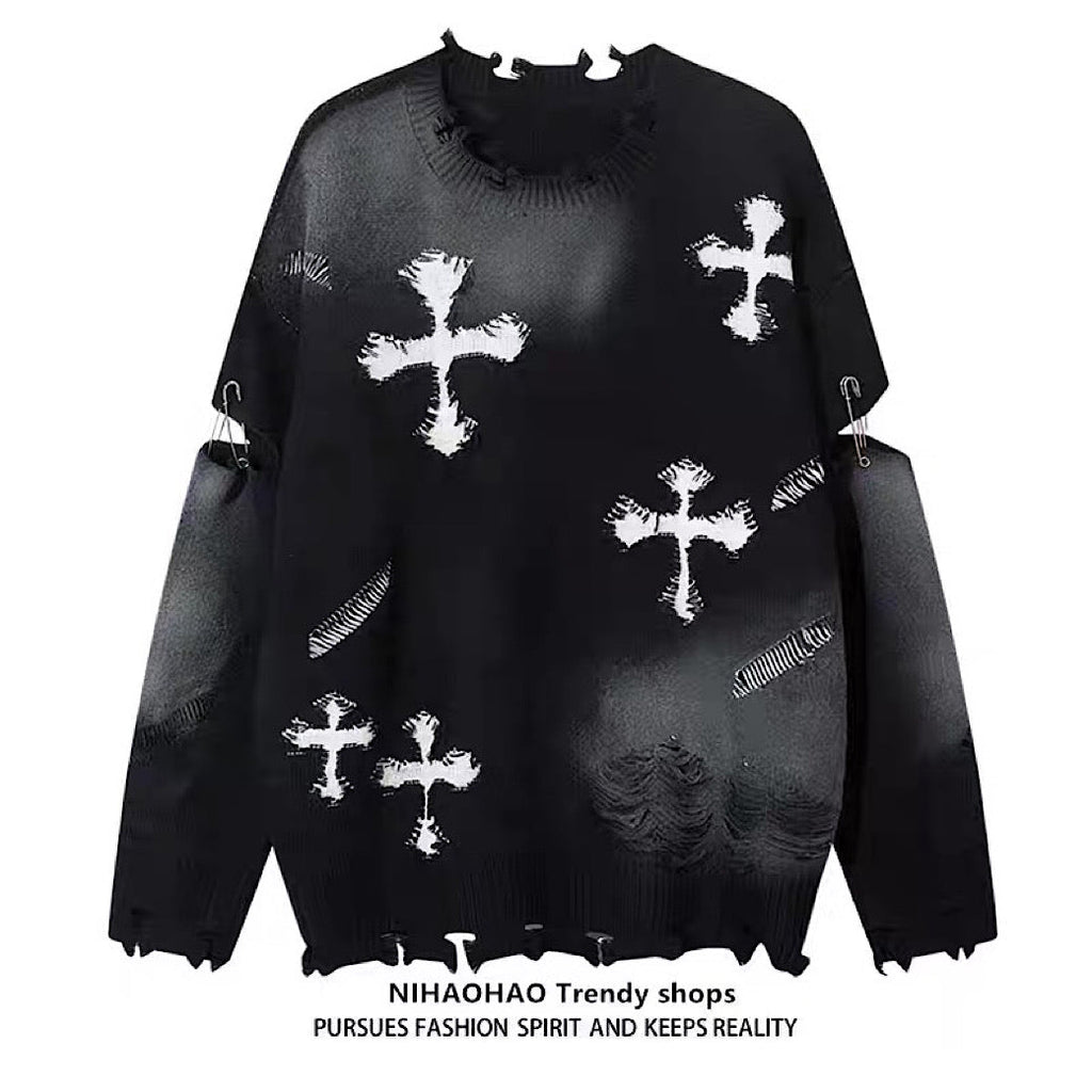 Random wash and cross design fully distressed knit sweater  OR1025