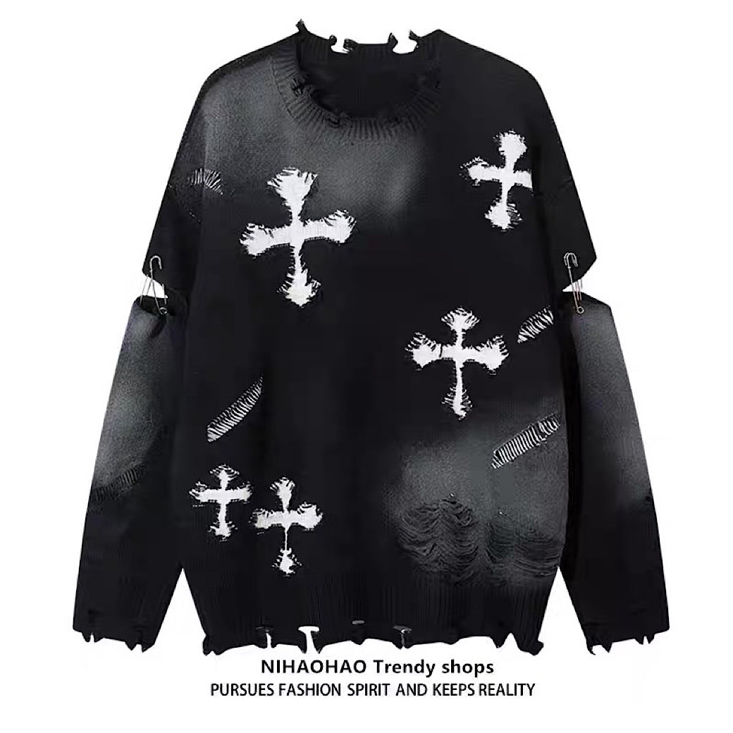 Random wash and cross design fully distressed knit sweater  OR1025