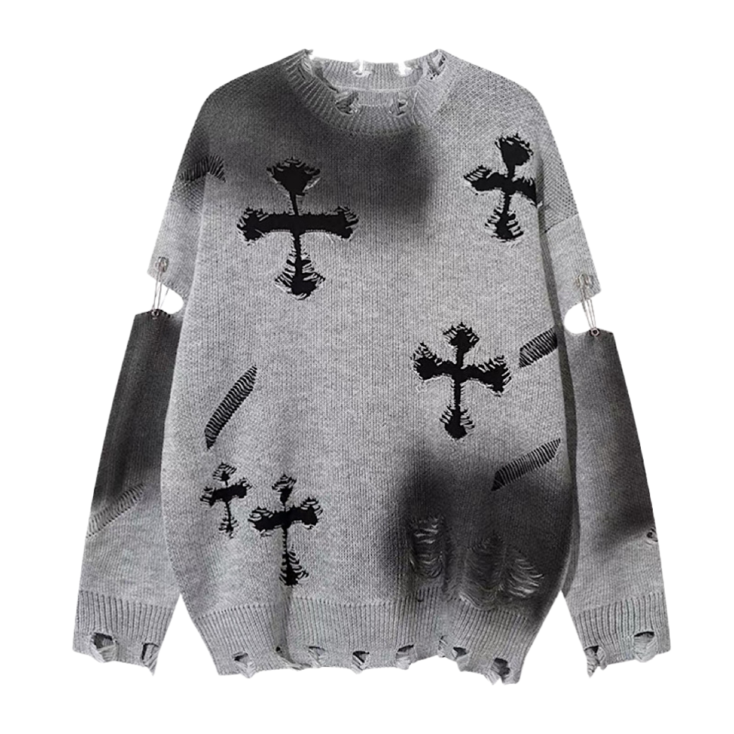 Random wash and cross design fully distressed knit sweater  OR1025