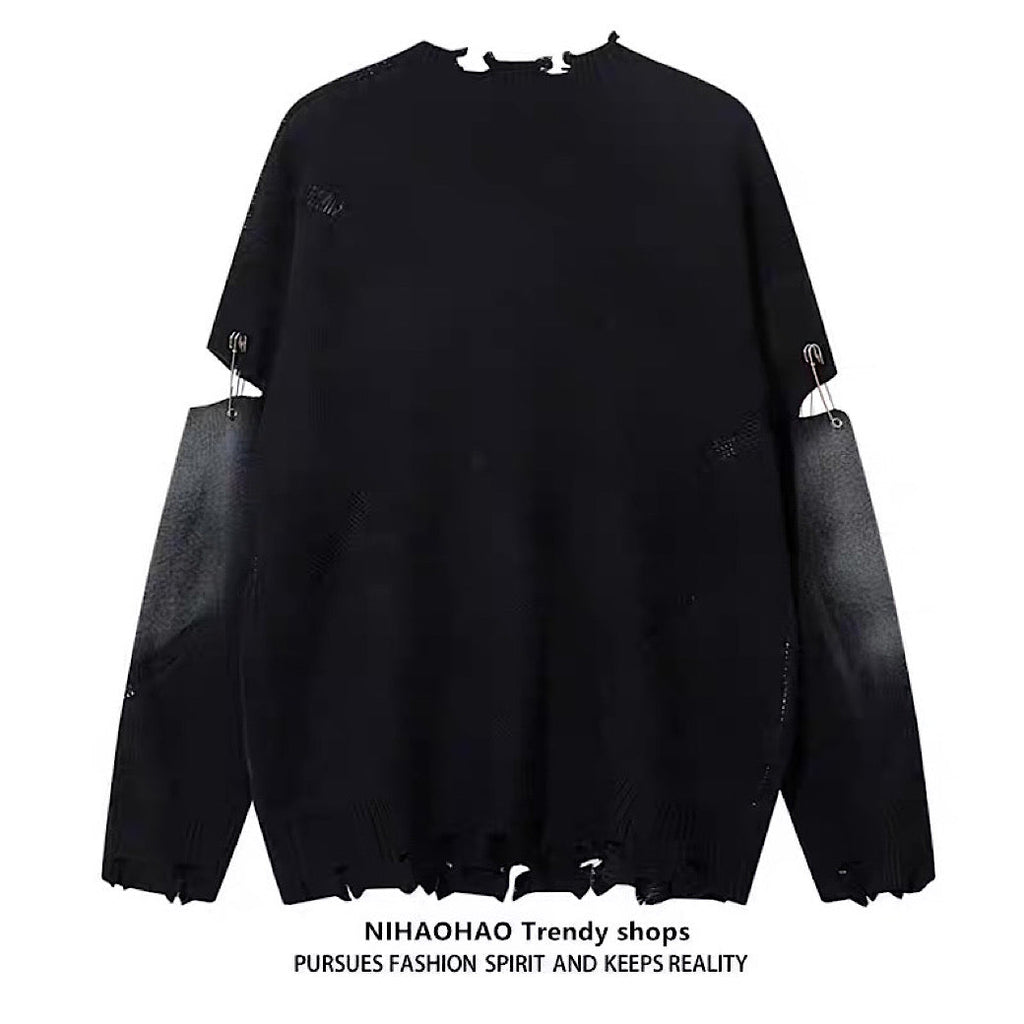 Random wash and cross design fully distressed knit sweater  OR1025