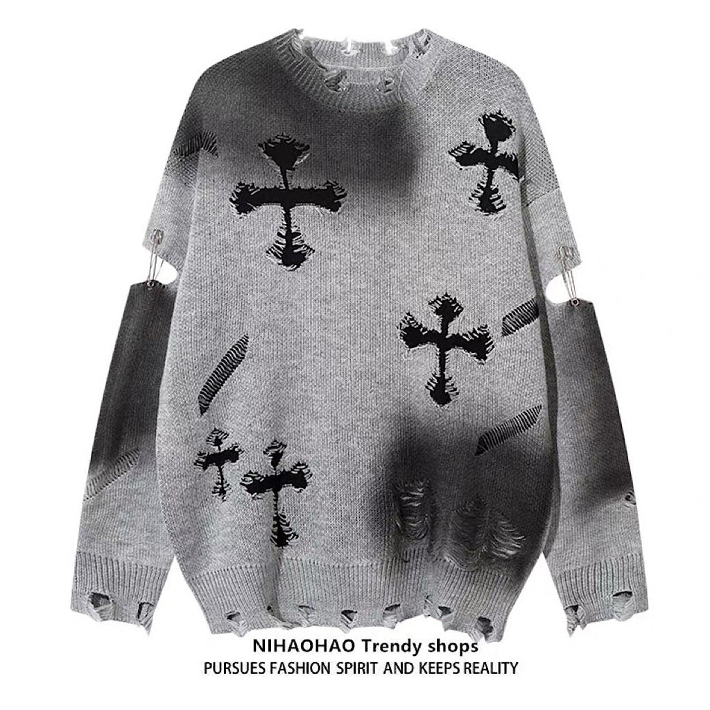 Random wash and cross design fully distressed knit sweater  OR1025
